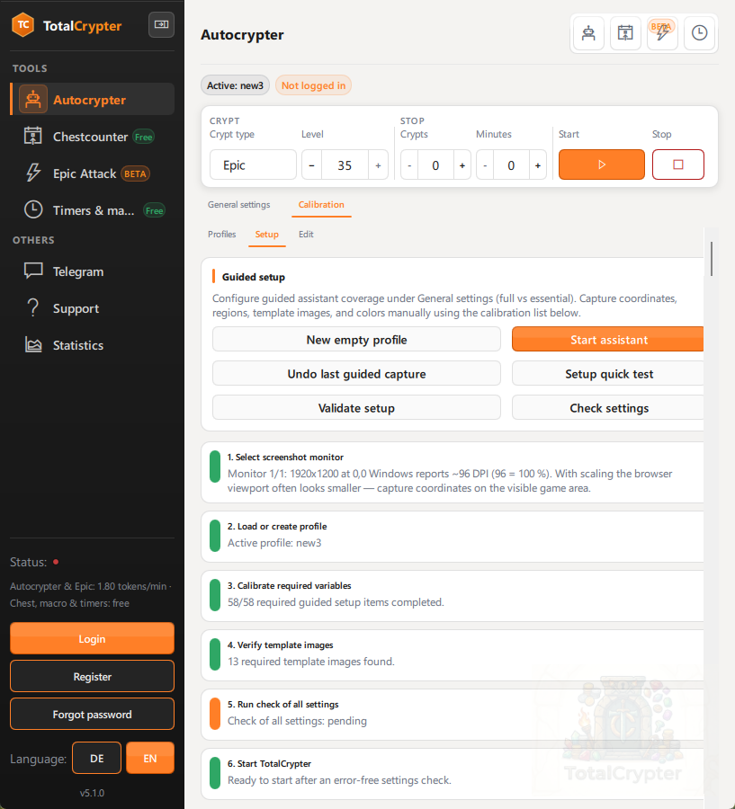 Calibration setup assistant in TotalCrypter