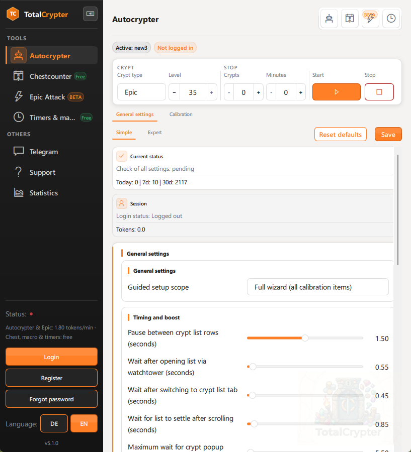 Autocrypter start screen with system check